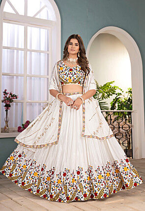 Embroidered Chinon Silk Lehenga in Off White