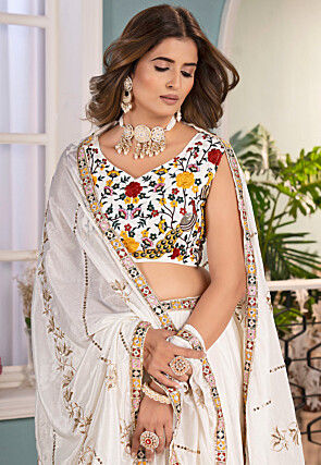 Embroidered Chinon Silk Lehenga in Off White