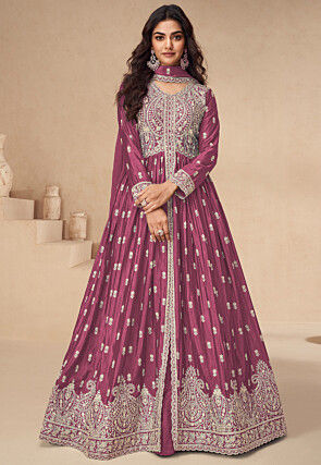 Embroidered Chinon Silk Lehenga in Old Rose