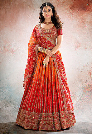 Embroidered Chinon Silk Lehenga in Orange and Red