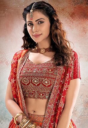 Embroidered Chinon Silk Lehenga in Orange and Red