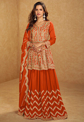 Embroidered Chinon Silk Lehenga in Orange