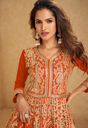 Embroidered Chinon Silk Lehenga in Orange