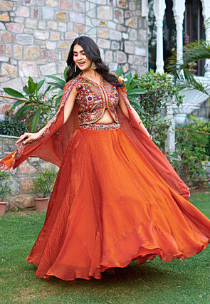 Embroidered Chinon Silk Lehenga in Orange
