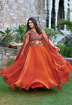 Embroidered Chinon Silk Lehenga in Orange