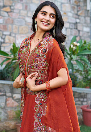 Embroidered Chinon Silk Lehenga in Orange