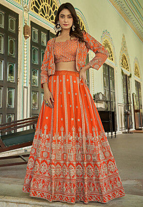 Embroidered Chinon Silk Lehenga in Orange