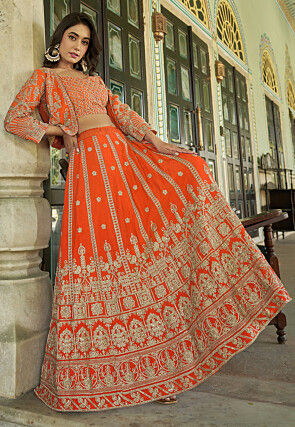 Embroidered Chinon Silk Lehenga in Orange