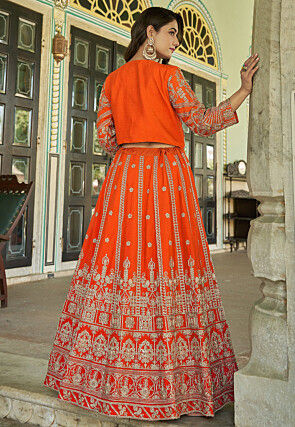 Embroidered Chinon Silk Lehenga in Orange