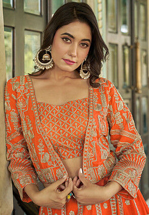 Embroidered Chinon Silk Lehenga in Orange