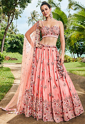 Buy Peach Organza Embroidered A - Line Lehenga Online : Malaysia -