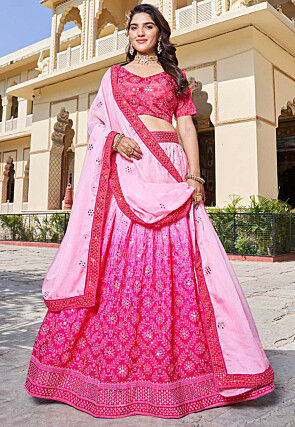 Embroidered Chinon Silk Lehenga in Pink Ombre