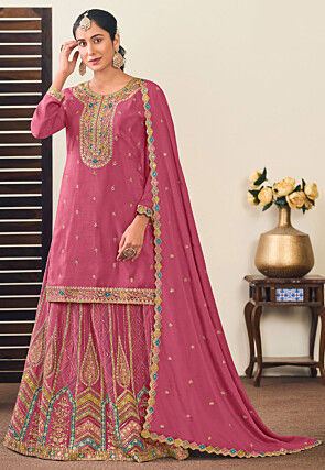 Embroidered Chinon Silk Lehenga in Pink