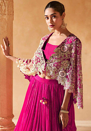 Embroidered Chinon Silk Lehenga in Pink