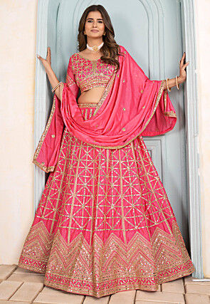 Embroidered Chinon Silk Lehenga in Pink