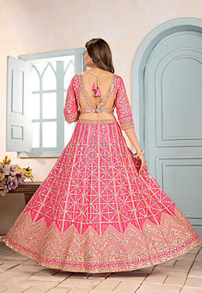 Embroidered Chinon Silk Lehenga in Pink