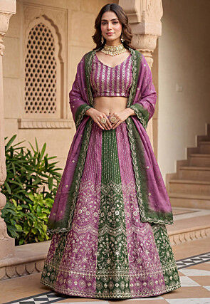 Embroidered Chinon Silk Lehenga in Purple and Dark Green
