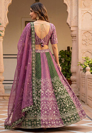 Embroidered Chinon Silk Lehenga in Purple and Dark Green