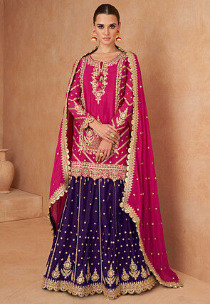 Embroidered Chinon Silk Lehenga in Purple