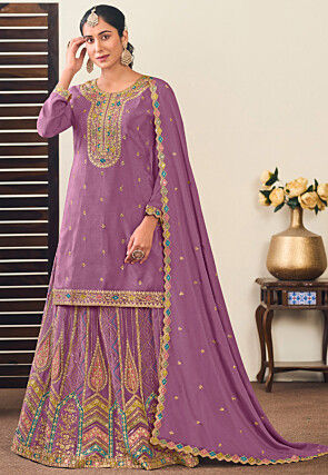 Embroidered Chinon Silk Lehenga in Purple