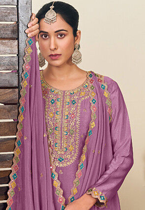 Embroidered Chinon Silk Lehenga in Purple