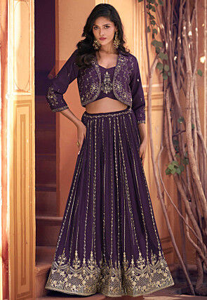 Embroidered Chinon Silk Lehenga in Purple