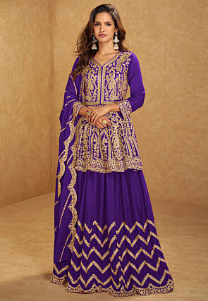 Embroidered Chinon Silk Lehenga in Purple