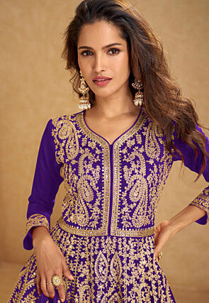 Embroidered Chinon Silk Lehenga in Purple
