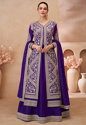 Embroidered Chinon Silk Lehenga in Purple