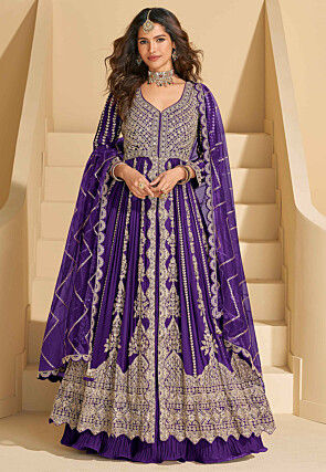 Embroidered Chinon Silk Lehenga in Purple