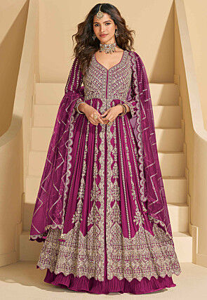 Embroidered Chinon Silk Lehenga in Purple