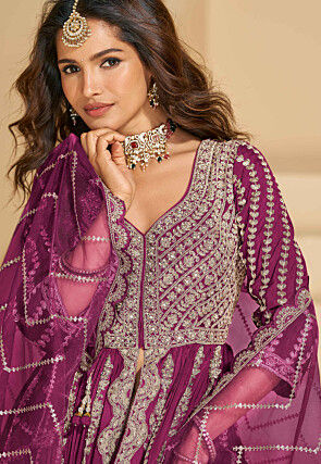 Embroidered Chinon Silk Lehenga in Purple
