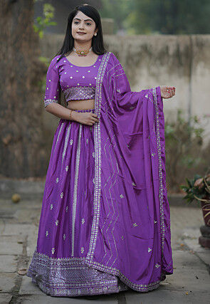 Embroidered Chinon Silk Lehenga in Purple