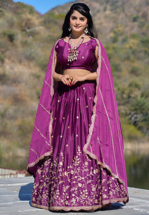 Embroidered Chinon Silk Lehenga in Purple