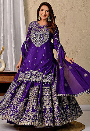 Embroidered Chinon Silk Lehenga in Purple