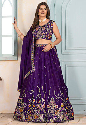 Embroidered Chinon Silk Lehenga in Purple
