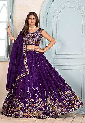 Embroidered Chinon Silk Lehenga in Purple