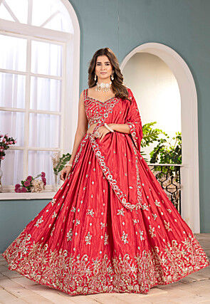 Embroidered Chinon Silk Lehenga in Red
