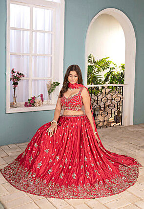 Embroidered Chinon Silk Lehenga in Red