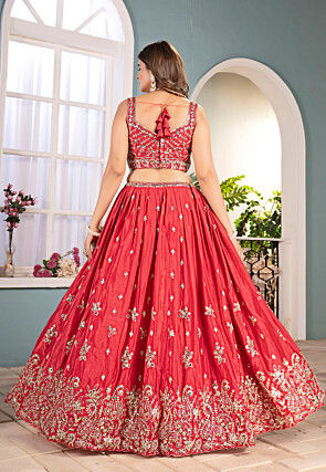 Embroidered Chinon Silk Lehenga in Red