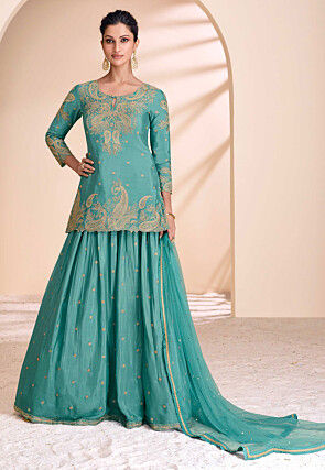 Embroidered Chinon Silk Lehenga in Sea Green