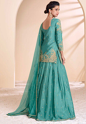Embroidered Chinon Silk Lehenga in Sea Green