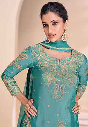 Embroidered Chinon Silk Lehenga in Sea Green