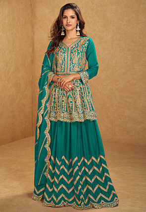 Embroidered Chinon Silk Lehenga in Teal Blue