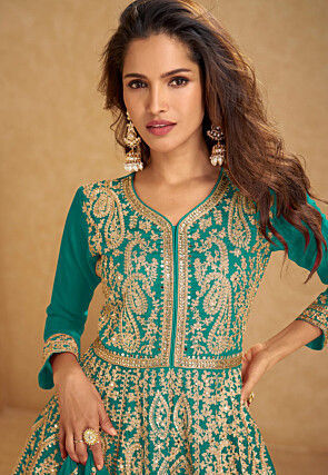 Embroidered Chinon Silk Lehenga in Teal Blue
