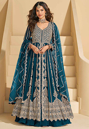 Embroidered Chinon Silk Lehenga in Teal Blue