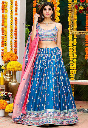 Embroidered Chinon Silk Lehenga in Teal Blue