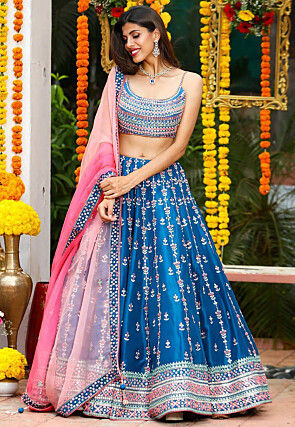 Embroidered Chinon Silk Lehenga in Teal Blue