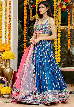Embroidered Chinon Silk Lehenga in Teal Blue