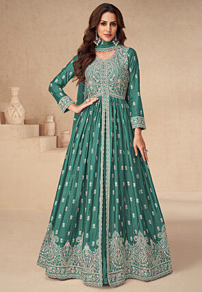 Embroidered Chinon Silk Lehenga in Teal Green